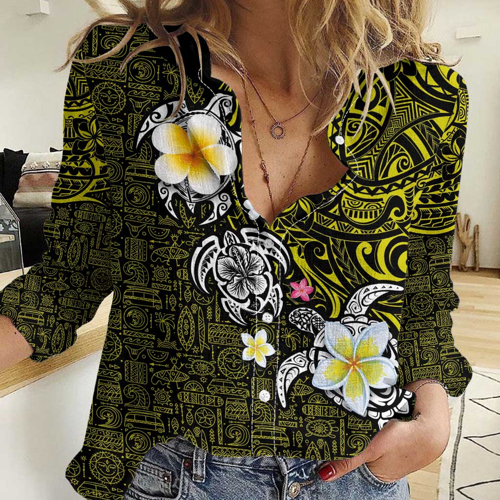 Hawaiian Turtle and Plumeria Women Casual Shirt Polynesian Tattoo and Tribal Elements Pattern Yellow Color