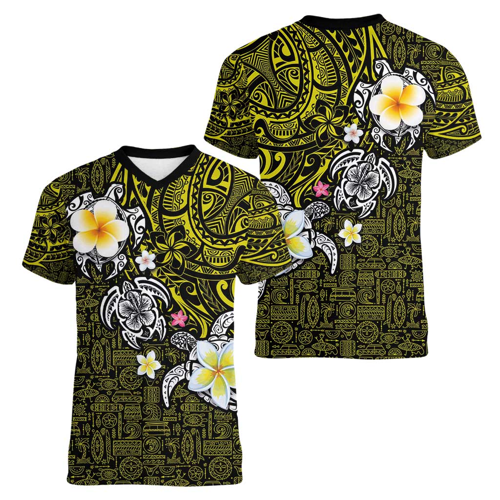 Hawaiian Turtle and Plumeria Women V-Neck T-Shirt Polynesian Tattoo and Tribal Elements Pattern Yellow Color
