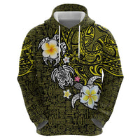 Hawaiian Turtle and Plumeria Zip Hoodie Polynesian Tattoo and Tribal Elements Pattern Yellow Color