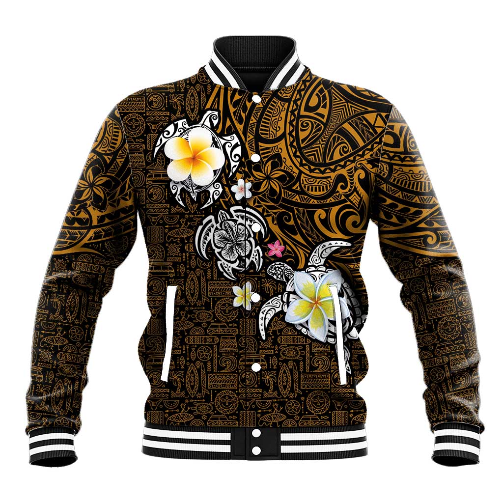 Hawaiian Turtle and Plumeria Baseball Jacket Polynesian Tattoo and Tribal Elements Pattern Orange Color