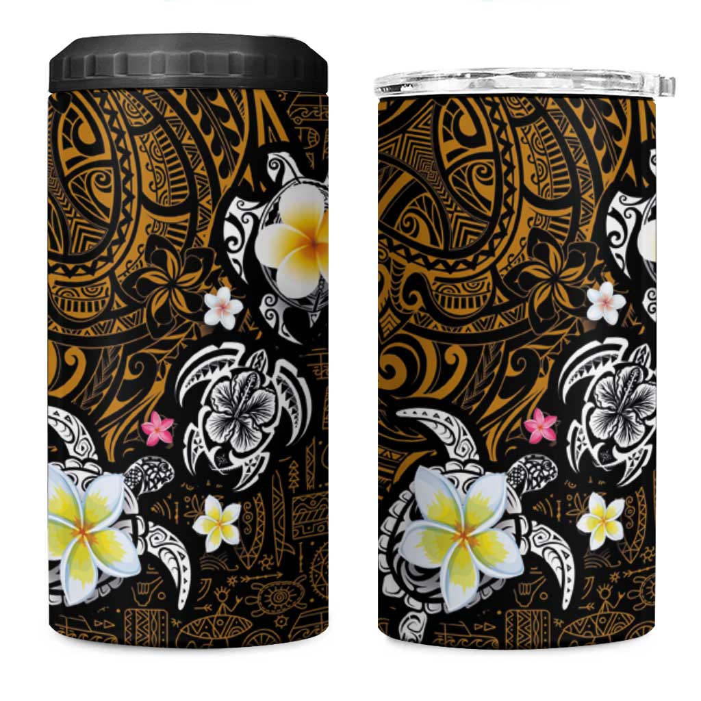 Hawaiian Turtle and Plumeria 4 in 1 Can Cooler Tumbler Polynesian Tattoo and Tribal Elements Pattern Orange Color