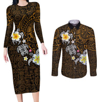 Hawaiian Turtle and Plumeria Couples Matching Long Sleeve Bodycon Dress and Long Sleeve Button Shirt Polynesian Tattoo and Tribal Elements Pattern Orange Color