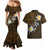 Hawaiian Turtle and Plumeria Couples Matching Mermaid Dress and Hawaiian Shirt Polynesian Tattoo and Tribal Elements Pattern Orange Color