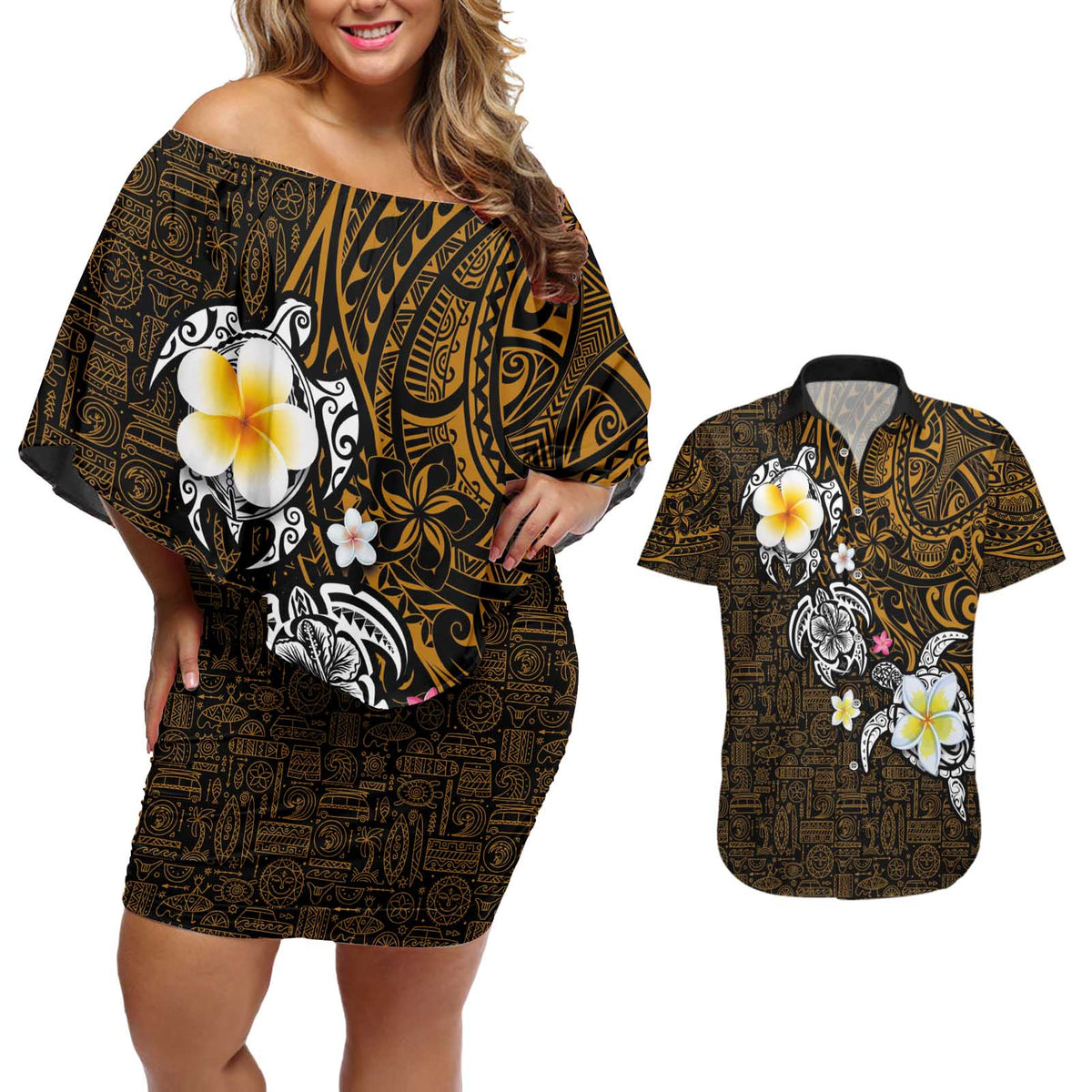 Hawaiian Turtle and Plumeria Couples Matching Off Shoulder Short Dress and Hawaiian Shirt Polynesian Tattoo and Tribal Elements Pattern Orange Color