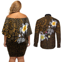 Hawaiian Turtle and Plumeria Couples Matching Off Shoulder Short Dress and Long Sleeve Button Shirt Polynesian Tattoo and Tribal Elements Pattern Orange Color