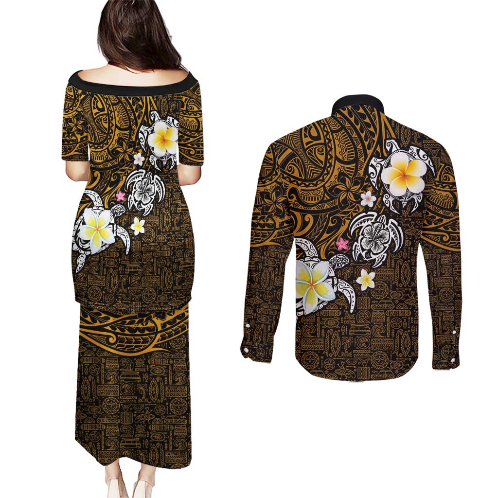Hawaiian Turtle and Plumeria Couples Matching Puletasi and Long Sleeve Button Shirt Polynesian Tattoo and Tribal Elements Pattern Orange Color