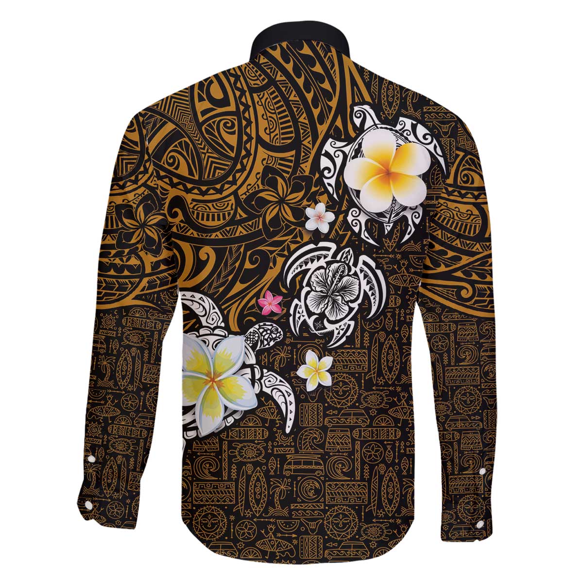 Hawaiian Turtle and Plumeria Family Matching Off The Shoulder Long Sleeve Dress and Hawaiian Shirt Polynesian Tattoo and Tribal Elements Pattern Orange Color