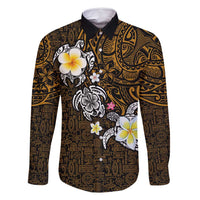 Hawaiian Turtle and Plumeria Family Matching Off Shoulder Maxi Dress and Hawaiian Shirt Polynesian Tattoo and Tribal Elements Pattern Orange Color