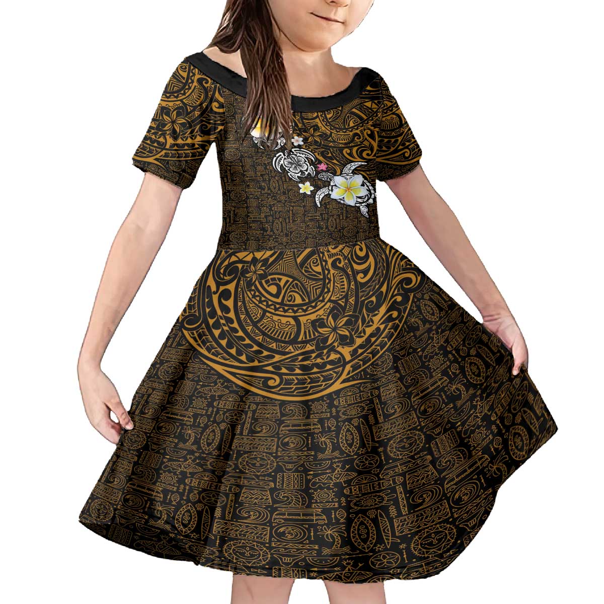 Hawaiian Turtle and Plumeria Family Matching Puletasi and Hawaiian Shirt Polynesian Tattoo and Tribal Elements Pattern Orange Color LT03 Daughter's Dress Orange - Polynesian Pride
