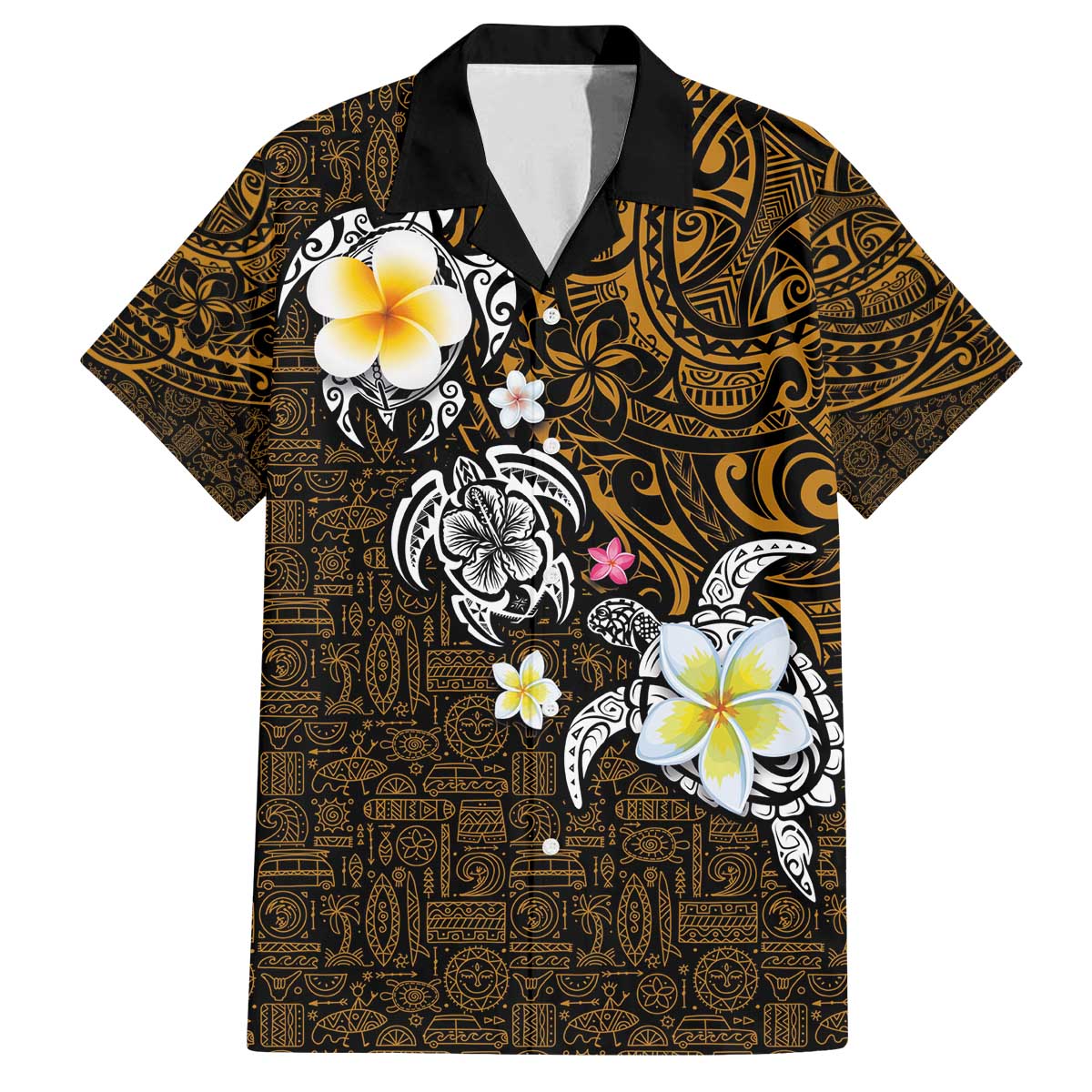 Hawaiian Turtle and Plumeria Family Matching Puletasi and Hawaiian Shirt Polynesian Tattoo and Tribal Elements Pattern Orange Color LT03 Dad's Shirt - Short Sleeve Orange - Polynesian Pride