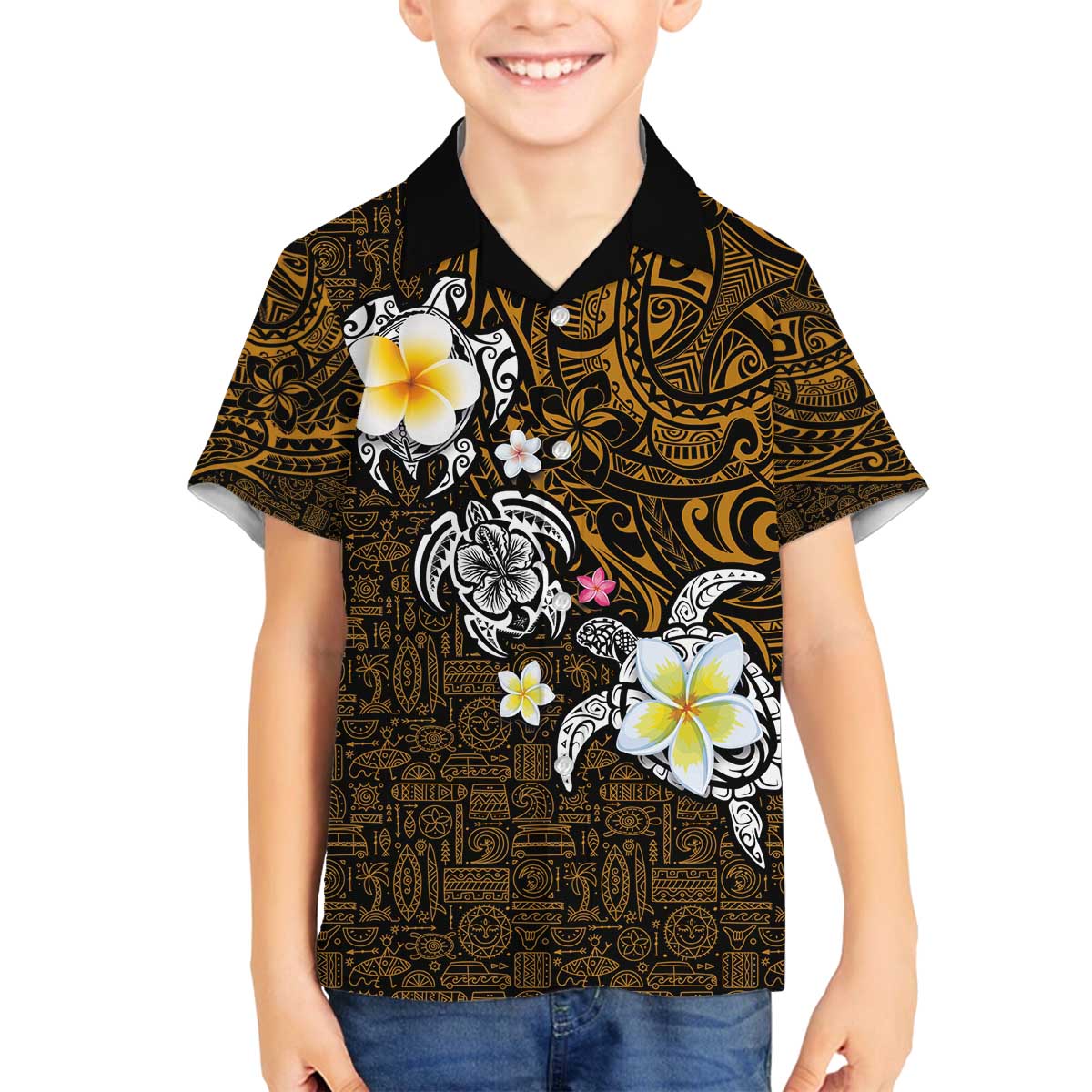 Hawaiian Turtle and Plumeria Family Matching Puletasi and Hawaiian Shirt Polynesian Tattoo and Tribal Elements Pattern Orange Color LT03 Son's Shirt Orange - Polynesian Pride