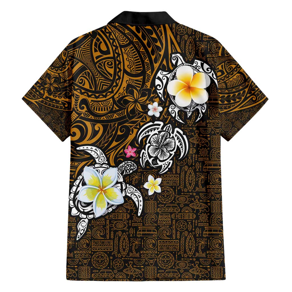 Hawaiian Turtle and Plumeria Hawaiian Shirt Polynesian Tattoo and Tribal Elements Pattern Orange Color