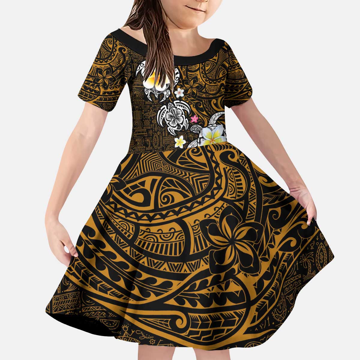 Hawaiian Turtle and Plumeria Kid Short Sleeve Dress Polynesian Tattoo and Tribal Elements Pattern Orange Color