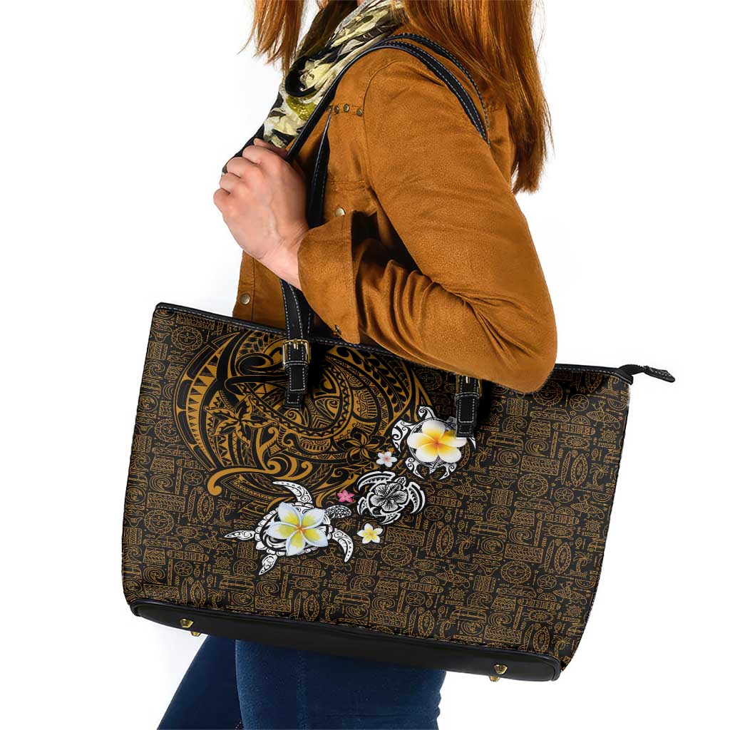 Hawaiian Turtle and Plumeria Leather Tote Bag Polynesian Tattoo and Tribal Elements Pattern Orange Color