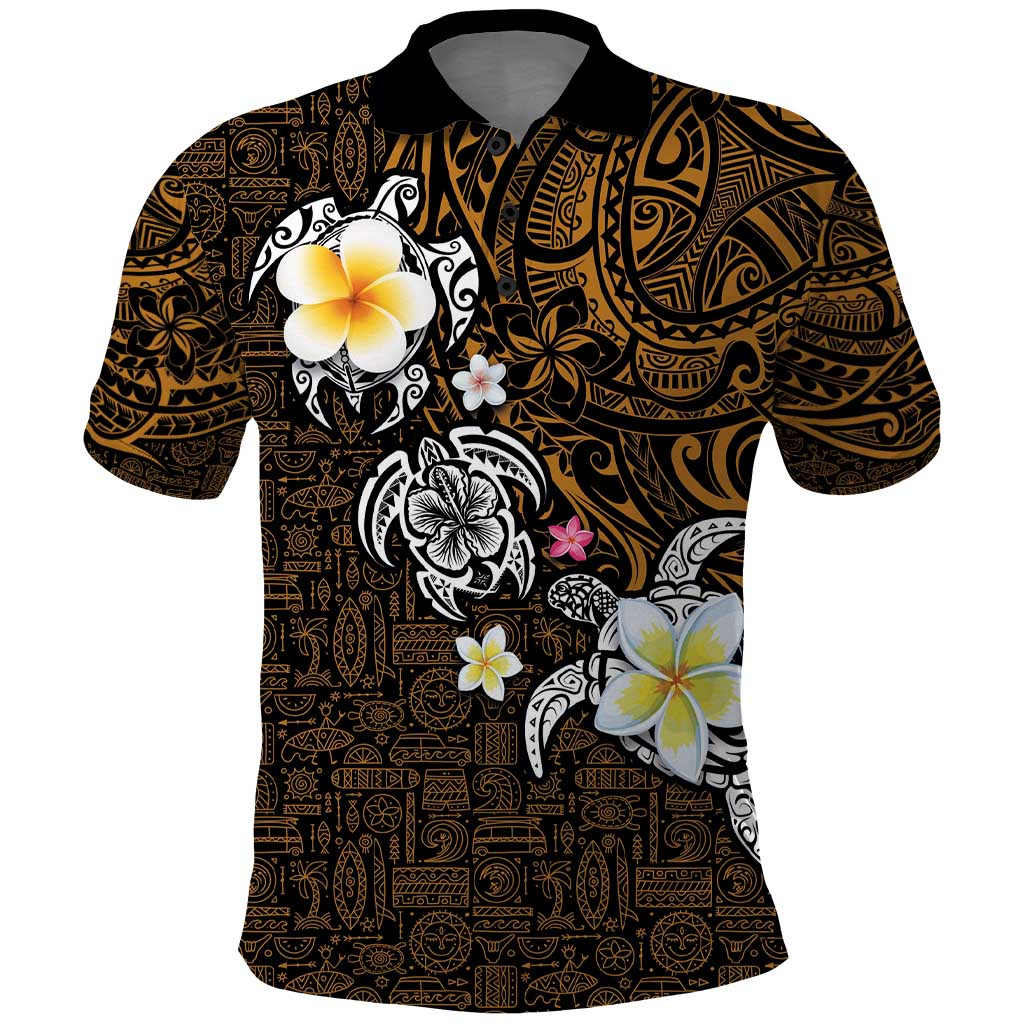 Hawaiian Turtle and Plumeria Polo Shirt Polynesian Tattoo and Tribal Elements Pattern Orange Color