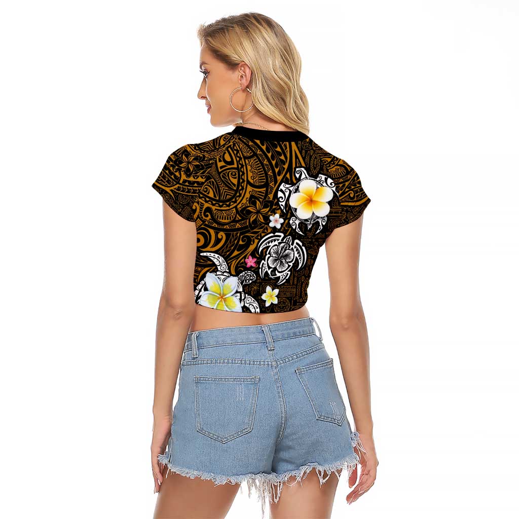 Hawaiian Turtle and Plumeria Raglan Cropped T Shirt Polynesian Tattoo and Tribal Elements Pattern Orange Color