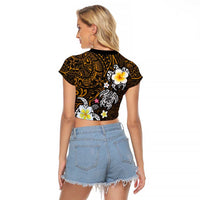 Hawaiian Turtle and Plumeria Raglan Cropped T Shirt Polynesian Tattoo and Tribal Elements Pattern Orange Color