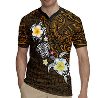 Hawaiian Turtle and Plumeria Rugby Jersey Polynesian Tattoo and Tribal Elements Pattern Orange Color