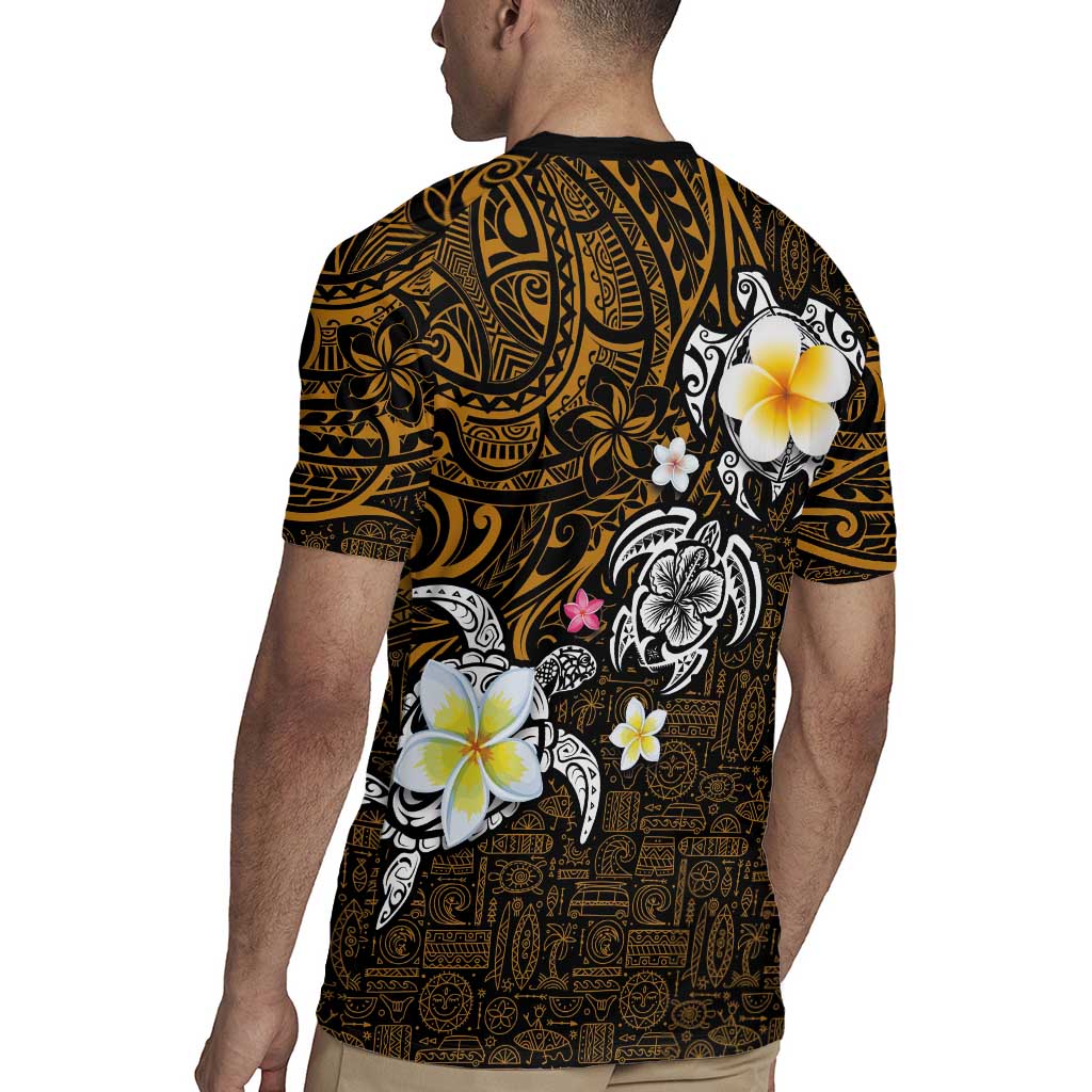 Hawaiian Turtle and Plumeria Rugby Jersey Polynesian Tattoo and Tribal Elements Pattern Orange Color