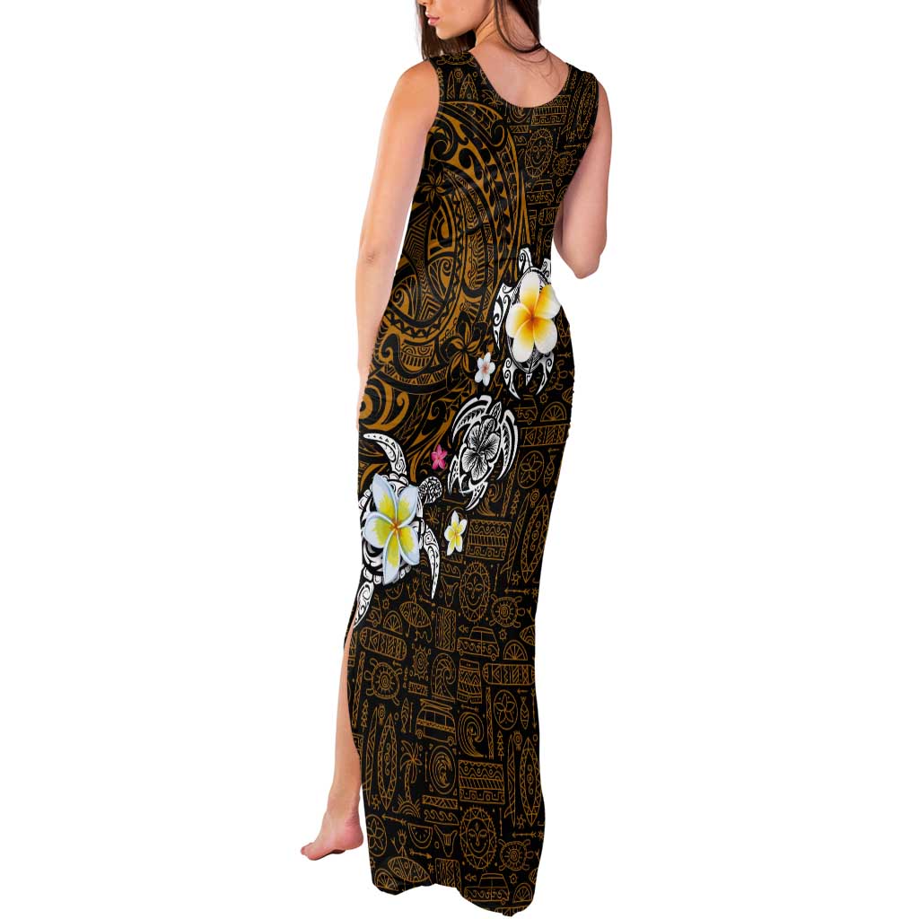 Hawaiian Turtle and Plumeria Tank Maxi Dress Polynesian Tattoo and Tribal Elements Pattern Orange Color