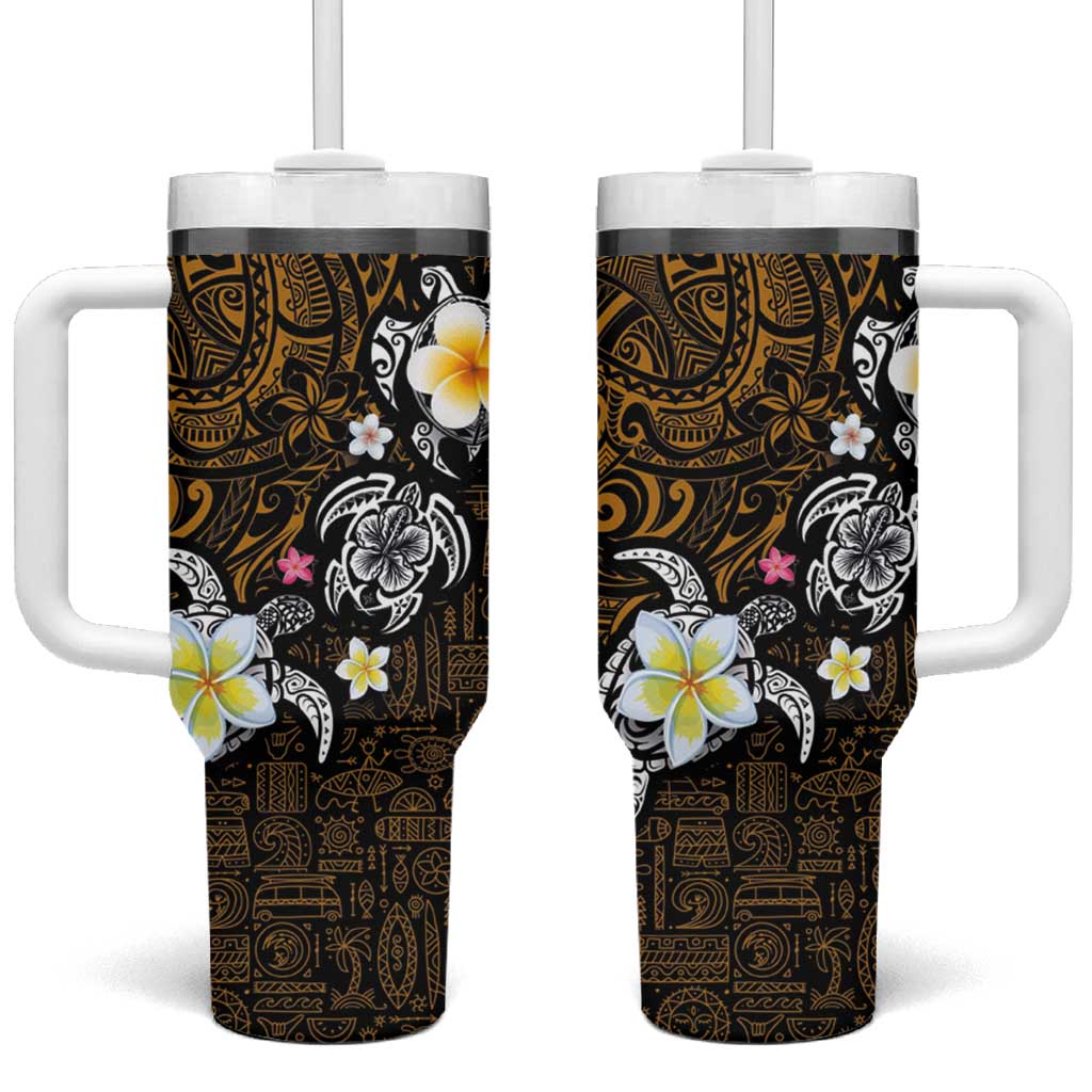 Hawaiian Turtle and Plumeria Tumbler With Handle Polynesian Tattoo and Tribal Elements Pattern Orange Color