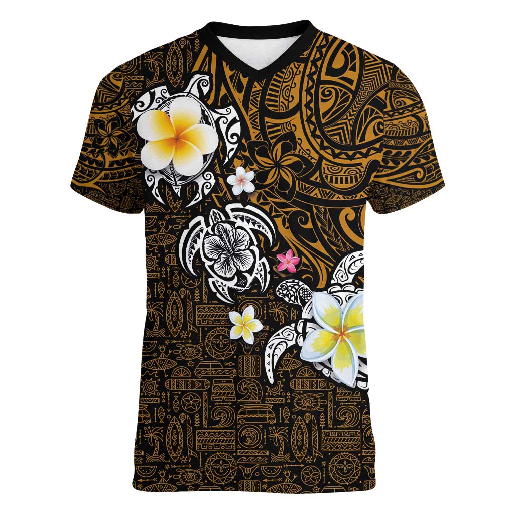 Hawaiian Turtle and Plumeria Women V-Neck T-Shirt Polynesian Tattoo and Tribal Elements Pattern Orange Color