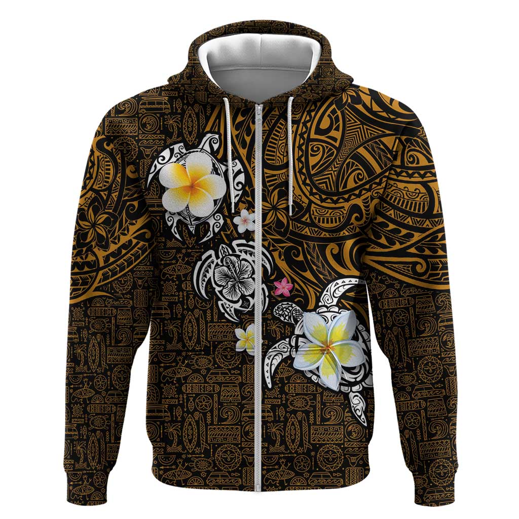 Hawaiian Turtle and Plumeria Zip Hoodie Polynesian Tattoo and Tribal Elements Pattern Orange Color