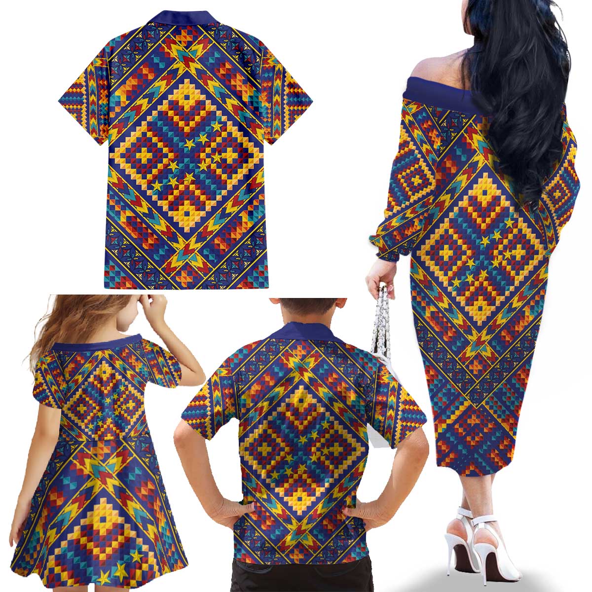 Kolose-Tuvalu Crochet Family Matching Off The Shoulder Long Sleeve Dress and Hawaiian Shirt with Polynesian and Pacific Tattoos - Polynesian Pride