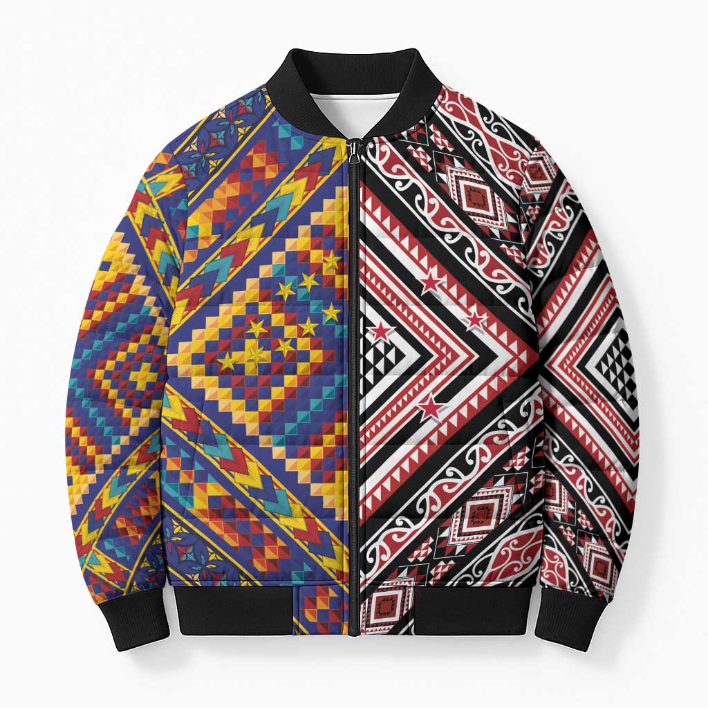Tuvaluan and New Zealand Culture Bomber Puffer Jacket The Art of Kolose and Taniko - Polynesian Pride