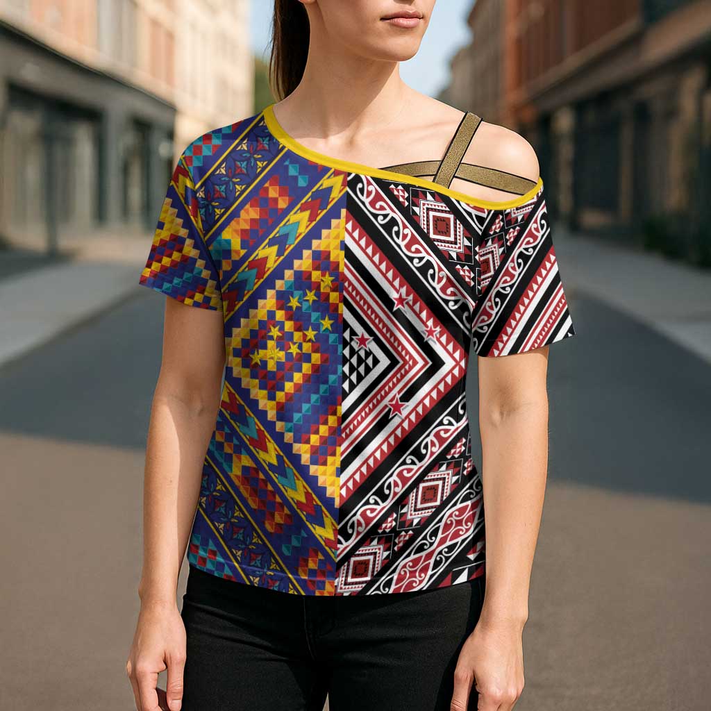 Tuvaluan and New Zealand Culture Cross Shoulder Shirt The Art of Kolose and Taniko - Polynesian Pride