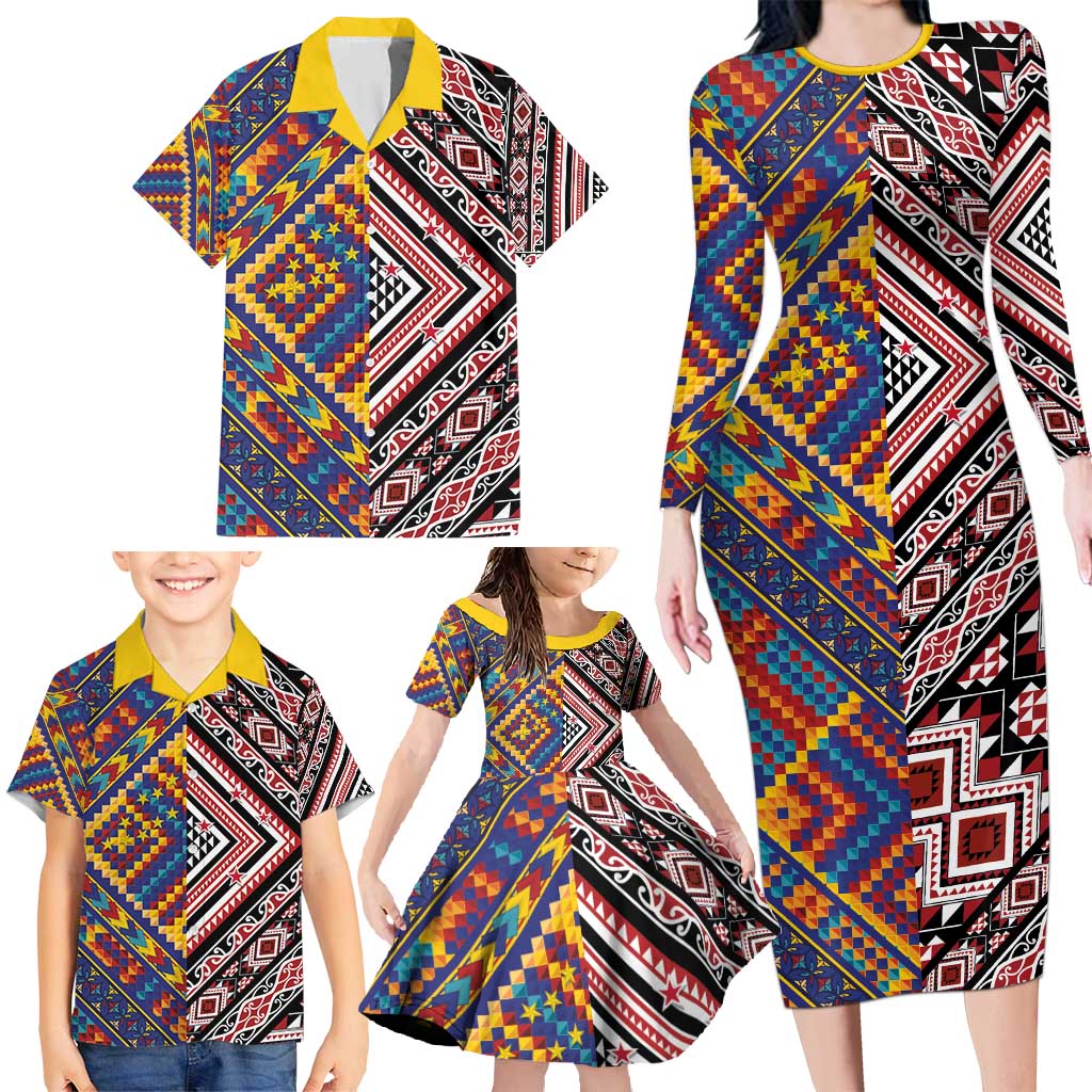 Tuvaluan and New Zealand Culture Family Matching Long Sleeve Bodycon Dress and Hawaiian Shirt The Art of Kolose and Taniko - Polynesian Pride