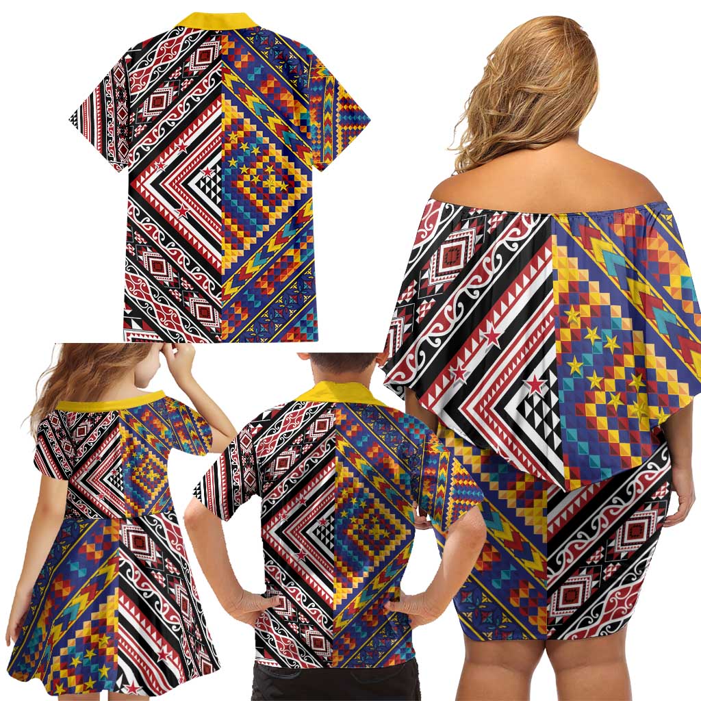 Tuvaluan and New Zealand Culture Family Matching Off Shoulder Short Dress and Hawaiian Shirt The Art of Kolose and Taniko LT03 - Polynesian Pride