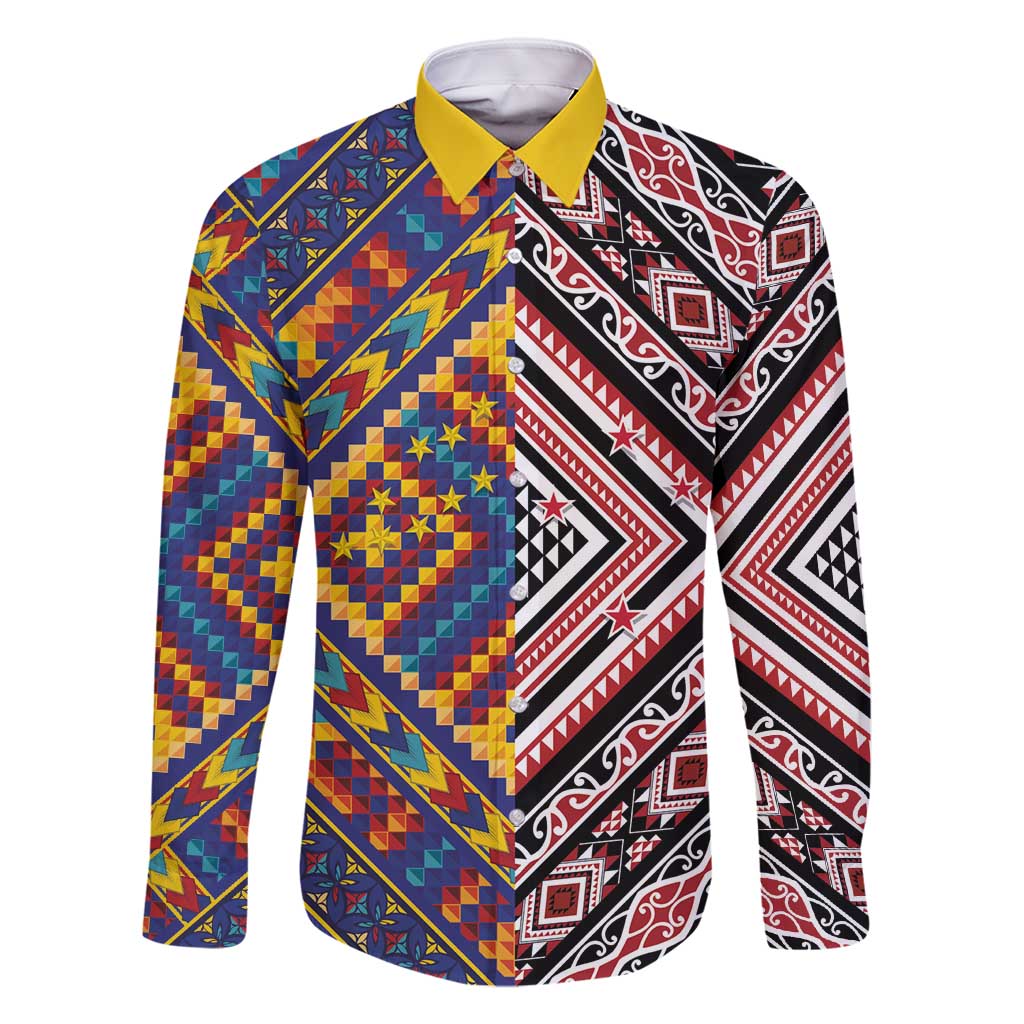 Tuvaluan and New Zealand Culture Family Matching Off Shoulder Short Dress and Hawaiian Shirt The Art of Kolose and Taniko LT03 Dad's Shirt - Long Sleeve Navy - Polynesian Pride