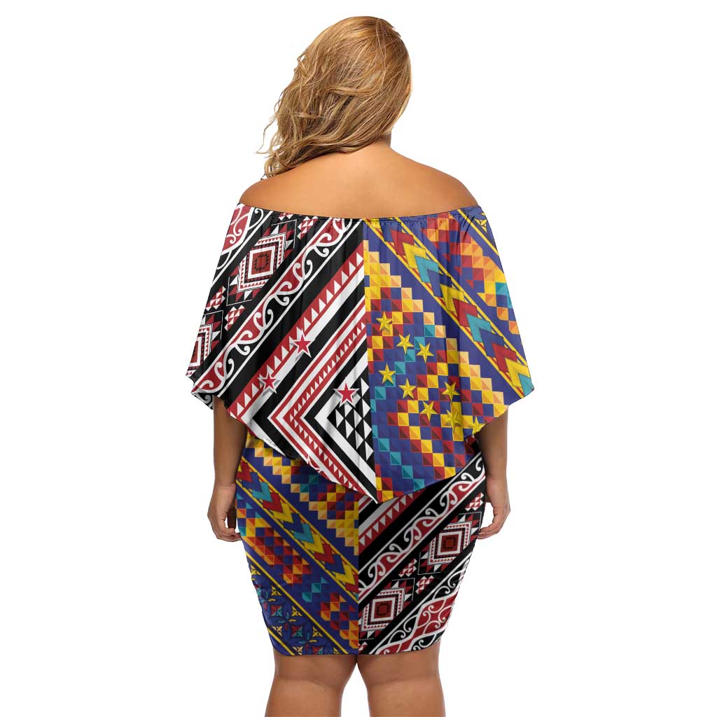 Tuvaluan and New Zealand Culture Family Matching Off Shoulder Short Dress and Hawaiian Shirt The Art of Kolose and Taniko LT03 - Polynesian Pride