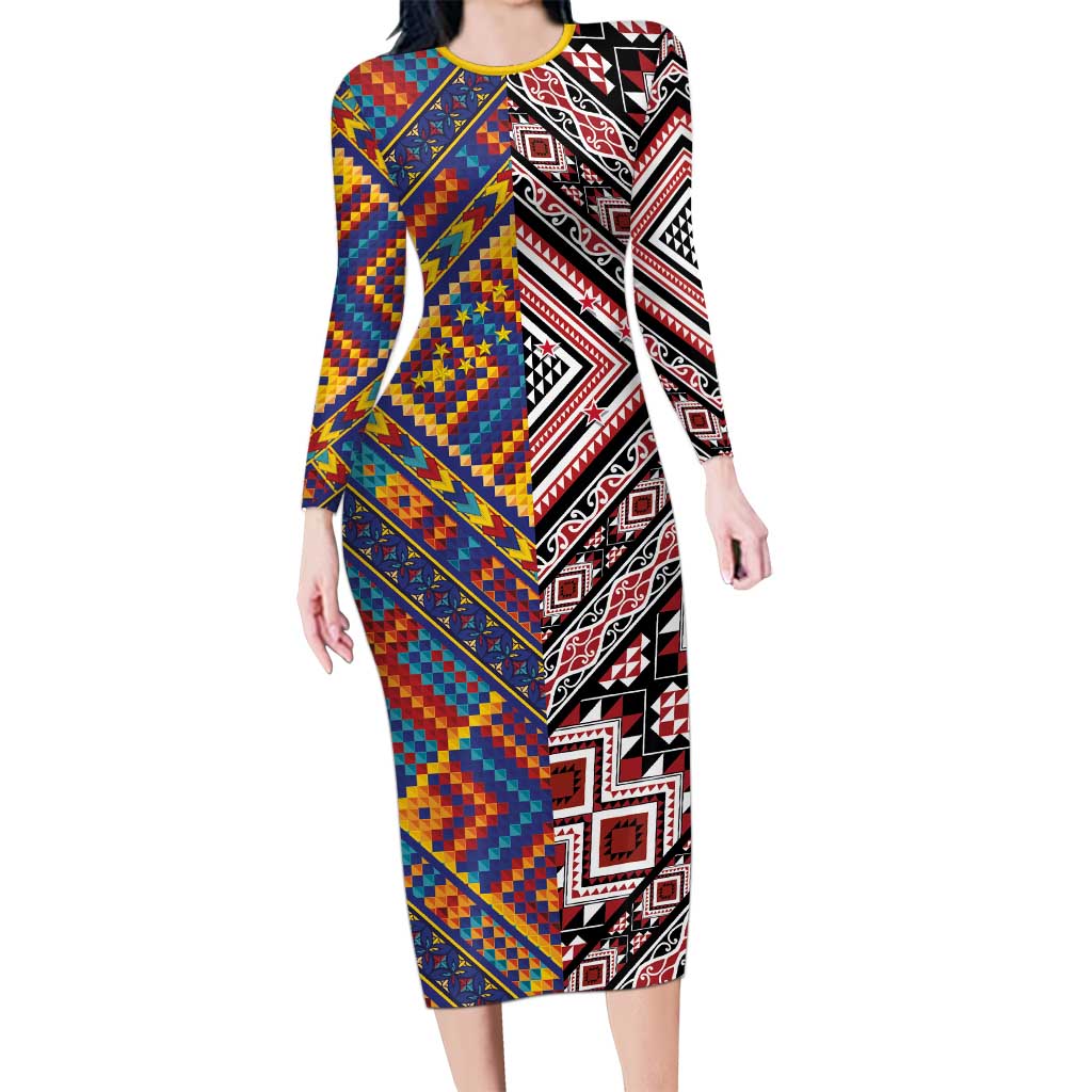 Tuvaluan and New Zealand Culture Long Sleeve Bodycon Dress The Art of Kolose and Taniko - Polynesian Pride
