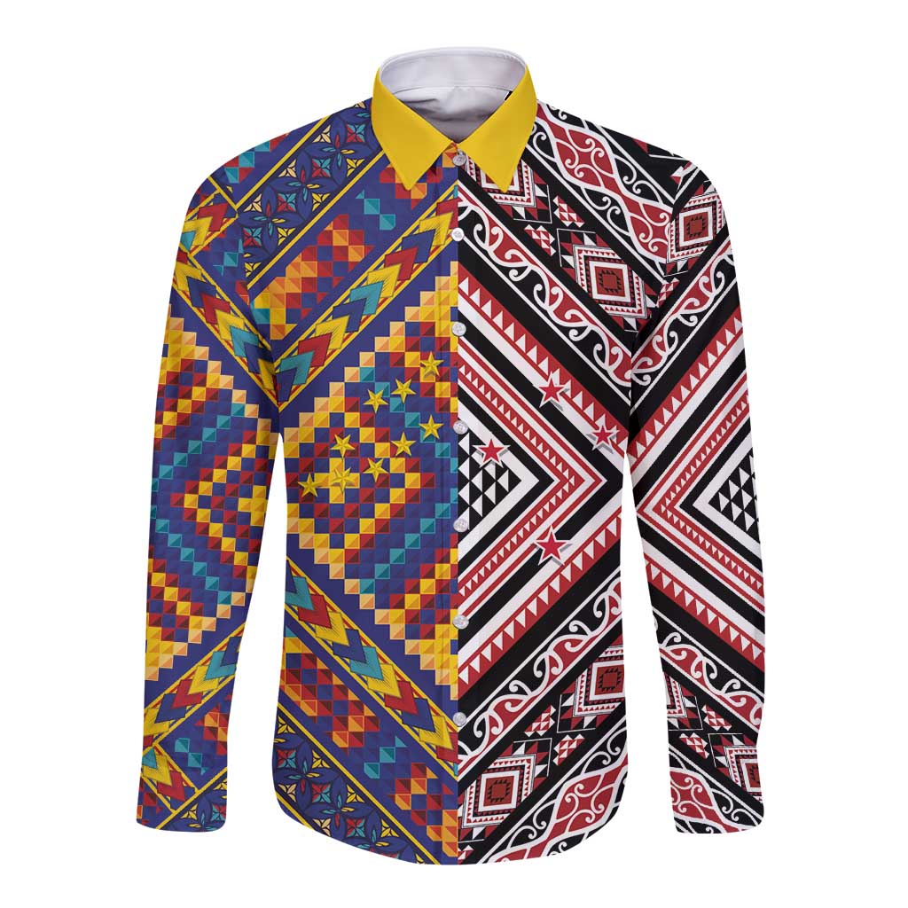 Tuvaluan and New Zealand Culture Long Sleeve Button Shirt The Art of Kolose and Taniko - Polynesian Pride