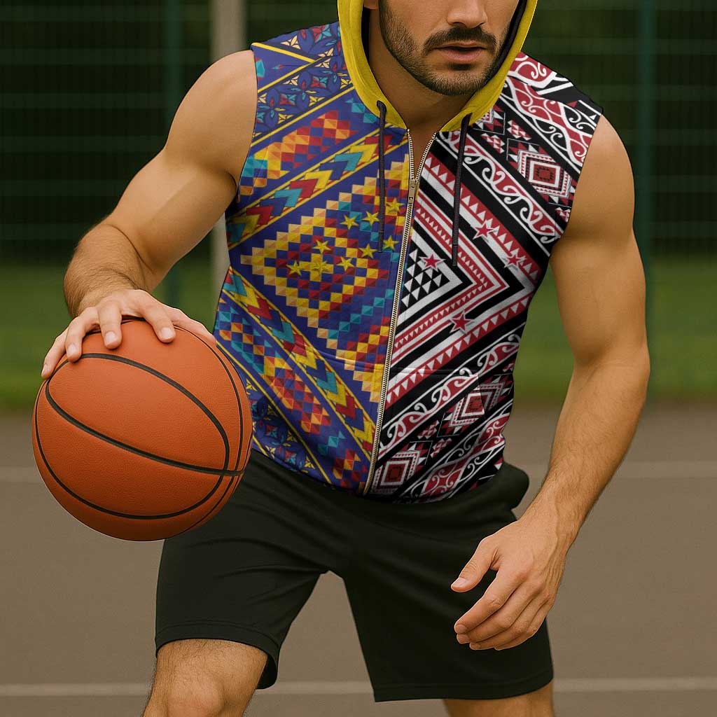 Tuvaluan and New Zealand Culture Sleeveless Zip Hoodie The Art of Kolose and Taniko - Polynesian Pride