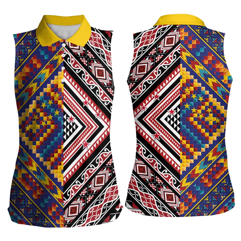 Tuvaluan and New Zealand Culture Women Sleeveless Polo Shirt The Art of Kolose and Taniko - Polynesian Pride
