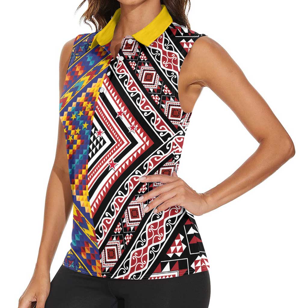 Tuvaluan and New Zealand Culture Women Sleeveless Polo Shirt The Art of Kolose and Taniko - Polynesian Pride