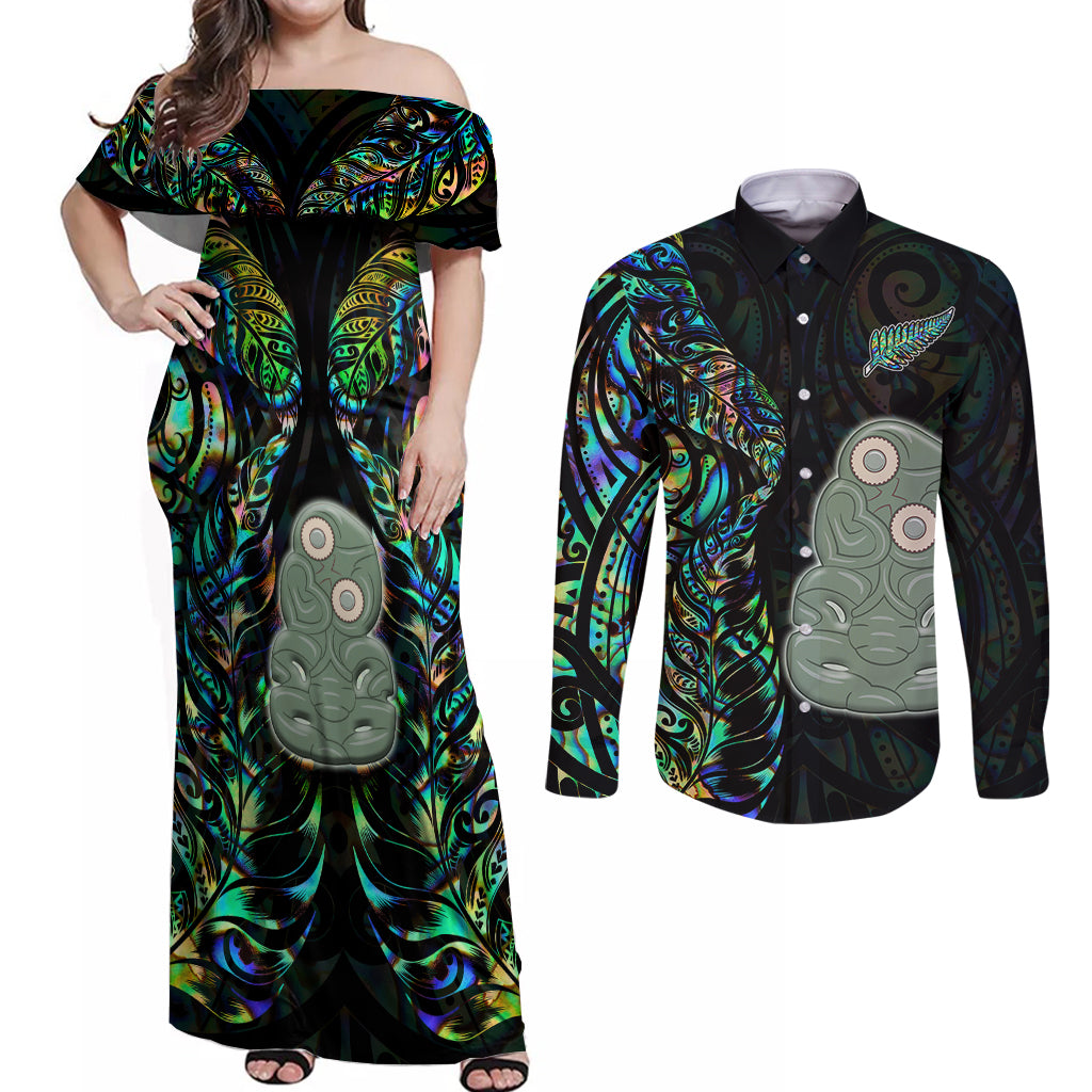 New Zealand Couples Matching Off Shoulder Maxi Dress and Long Sleeve Button Shirts Silver Fern and Hei Tiki with Papua Shell Maori Tribal LT03 Black - Polynesian Pride