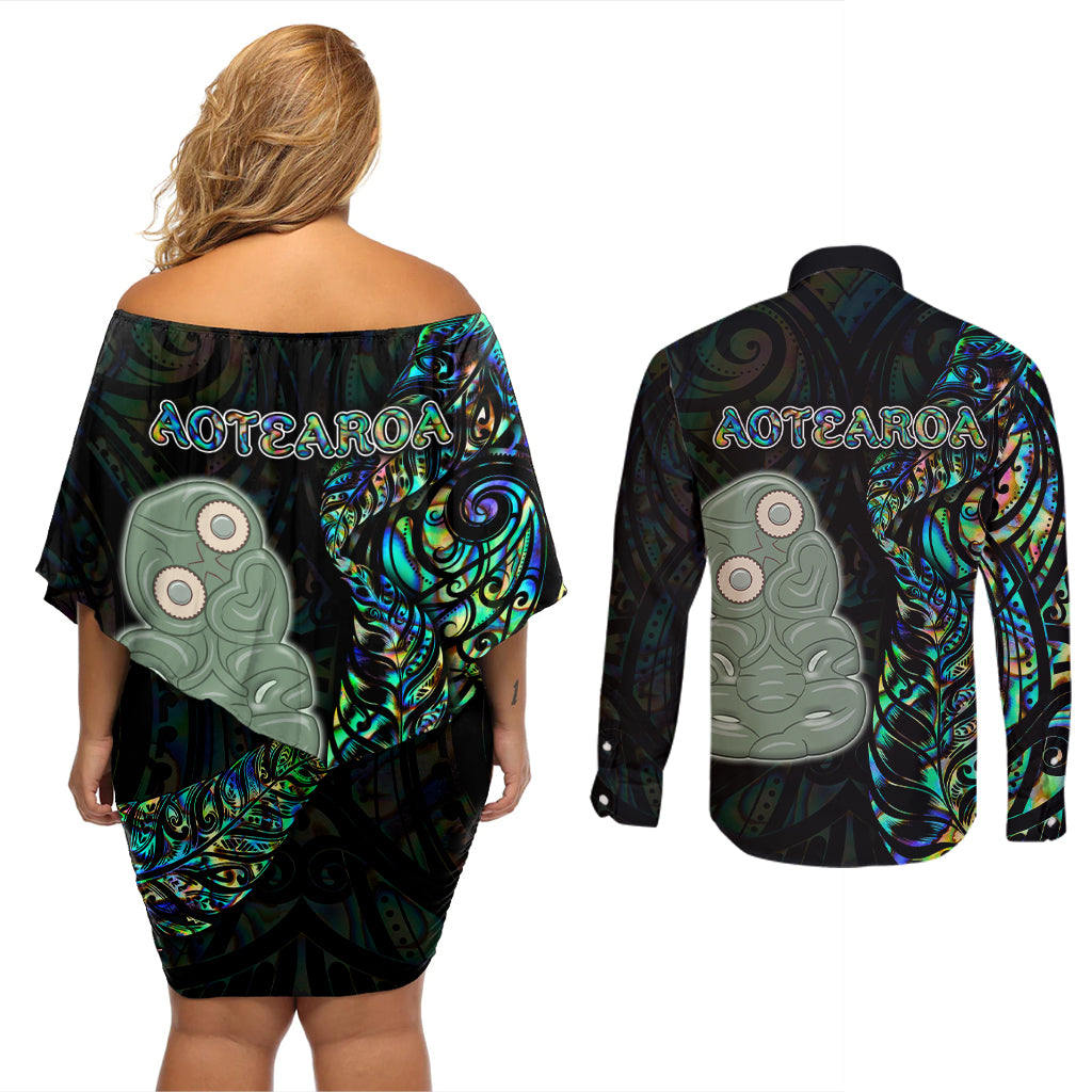 New Zealand Couples Matching Off Shoulder Short Dress and Long Sleeve Button Shirts Silver Fern and Hei Tiki with Papua Shell Maori Tribal LT03 - Polynesian Pride