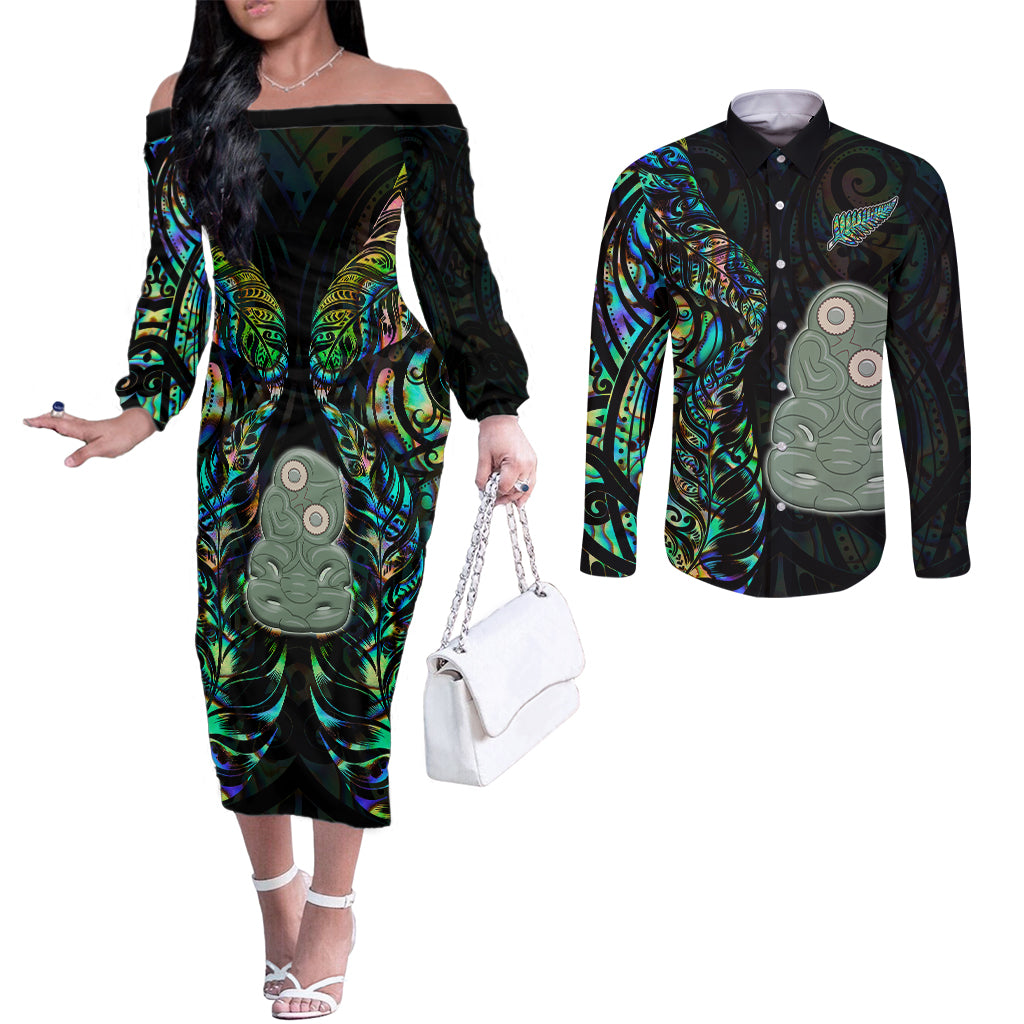 New Zealand Couples Matching Off The Shoulder Long Sleeve Dress and Long Sleeve Button Shirts Silver Fern and Hei Tiki with Papua Shell Maori Tribal LT03 Black - Polynesian Pride