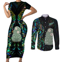 New Zealand Couples Matching Short Sleeve Bodycon Dress and Long Sleeve Button Shirts Silver Fern and Hei Tiki with Papua Shell Maori Tribal LT03 Black - Polynesian Pride