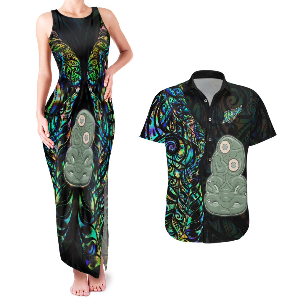 New Zealand Couples Matching Tank Maxi Dress and Hawaiian Shirt Silver Fern and Hei Tiki with Papua Shell Maori Tribal LT03 Black - Polynesian Pride
