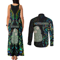 New Zealand Couples Matching Tank Maxi Dress and Long Sleeve Button Shirts Silver Fern and Hei Tiki with Papua Shell Maori Tribal LT03 - Polynesian Pride
