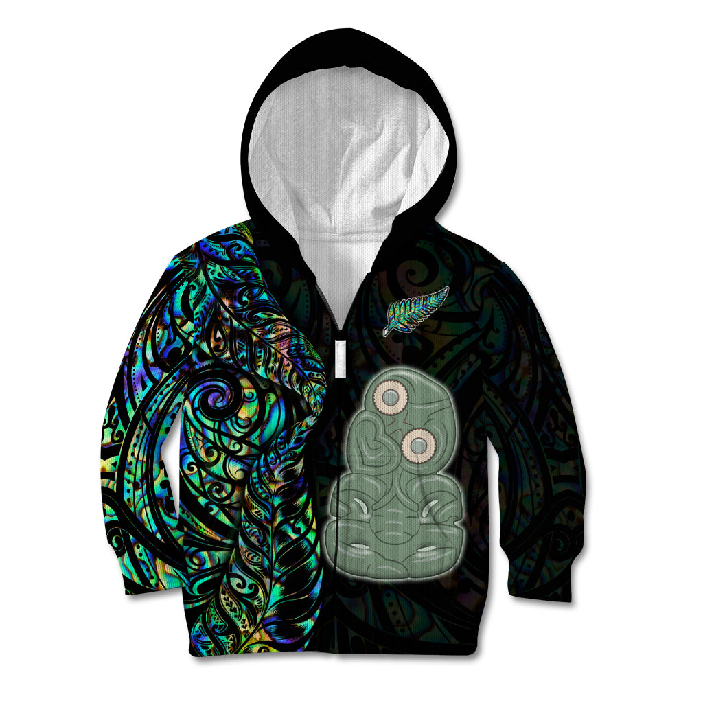 New Zealand Kid Hoodie Silver Fern and Hei Tiki with Papua Shell Maori Tribal LT03 Zip Hoodie Black - Polynesian Pride