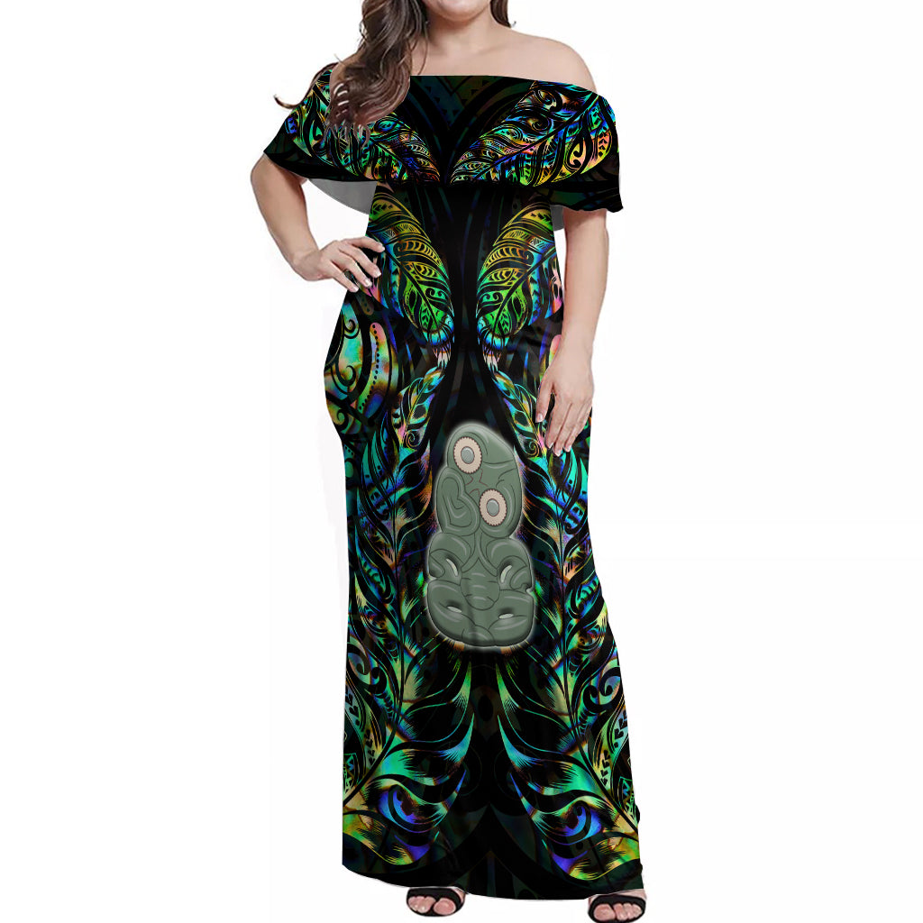 New Zealand Off Shoulder Maxi Dress Silver Fern and Hei Tiki with Papua Shell Maori Tribal LT03 Women Black - Polynesian Pride