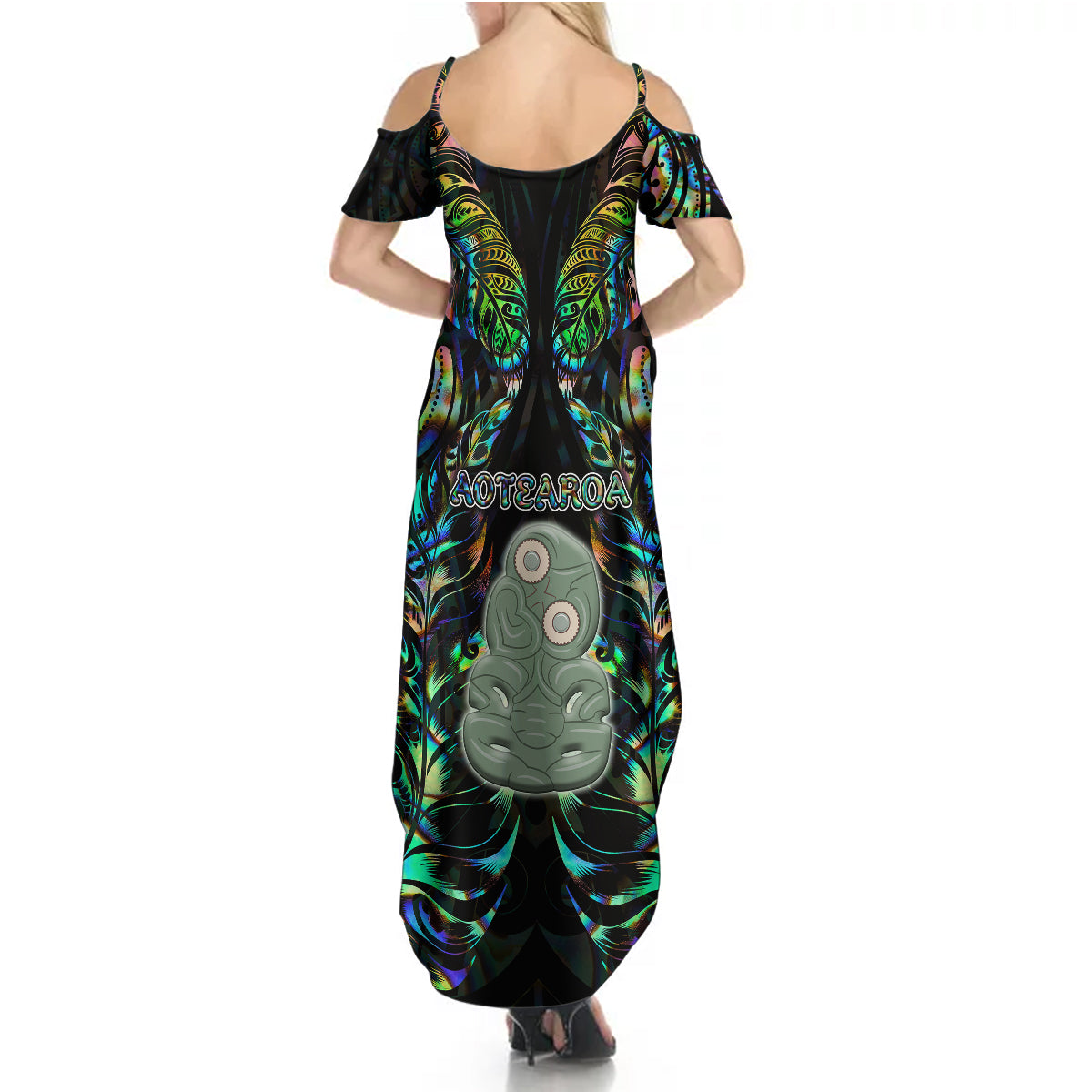 New Zealand Summer Maxi Dress Silver Fern and Hei Tiki with Papua Shell Maori Tribal LT03 - Polynesian Pride