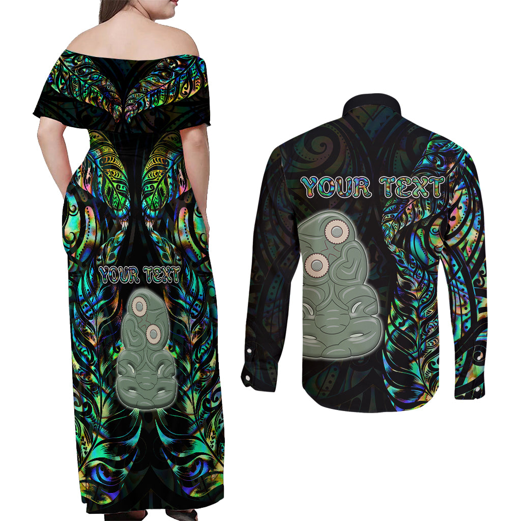 Custom New Zealand Couples Matching Off Shoulder Maxi Dress and Long Sleeve Button Shirts Silver Fern and Hei Tiki with Papua Shell Maori Tribal LT03 - Polynesian Pride