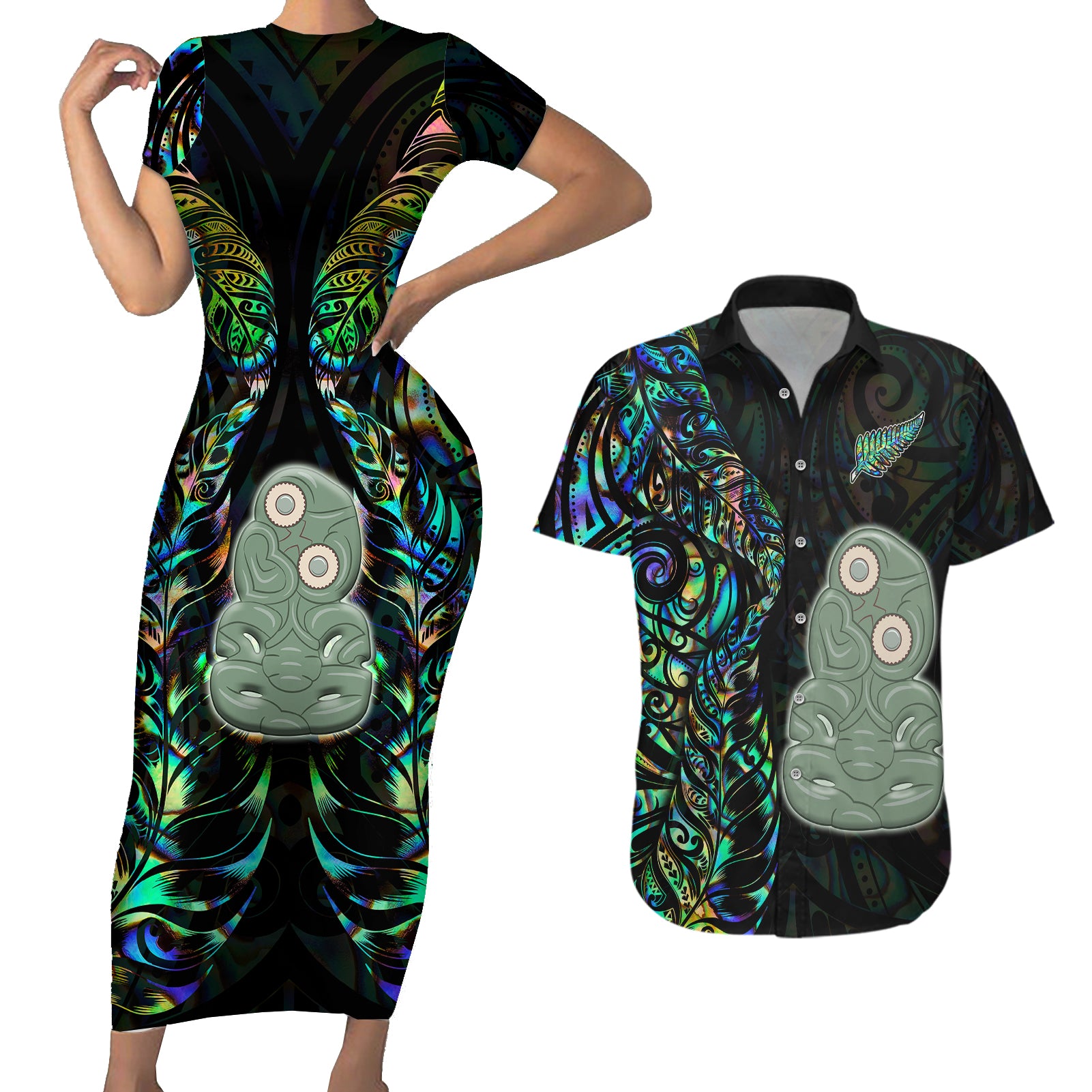 Custom New Zealand Couples Matching Short Sleeve Bodycon Dress and Hawaiian Shirt Silver Fern and Hei Tiki with Papua Shell Maori Tribal LT03 Black - Polynesian Pride